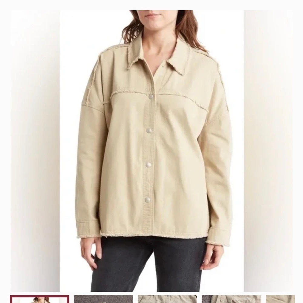 Blanknyc Womens Jacket Shacket Size Large Cotton Denim Tan Frayed Hem Utility